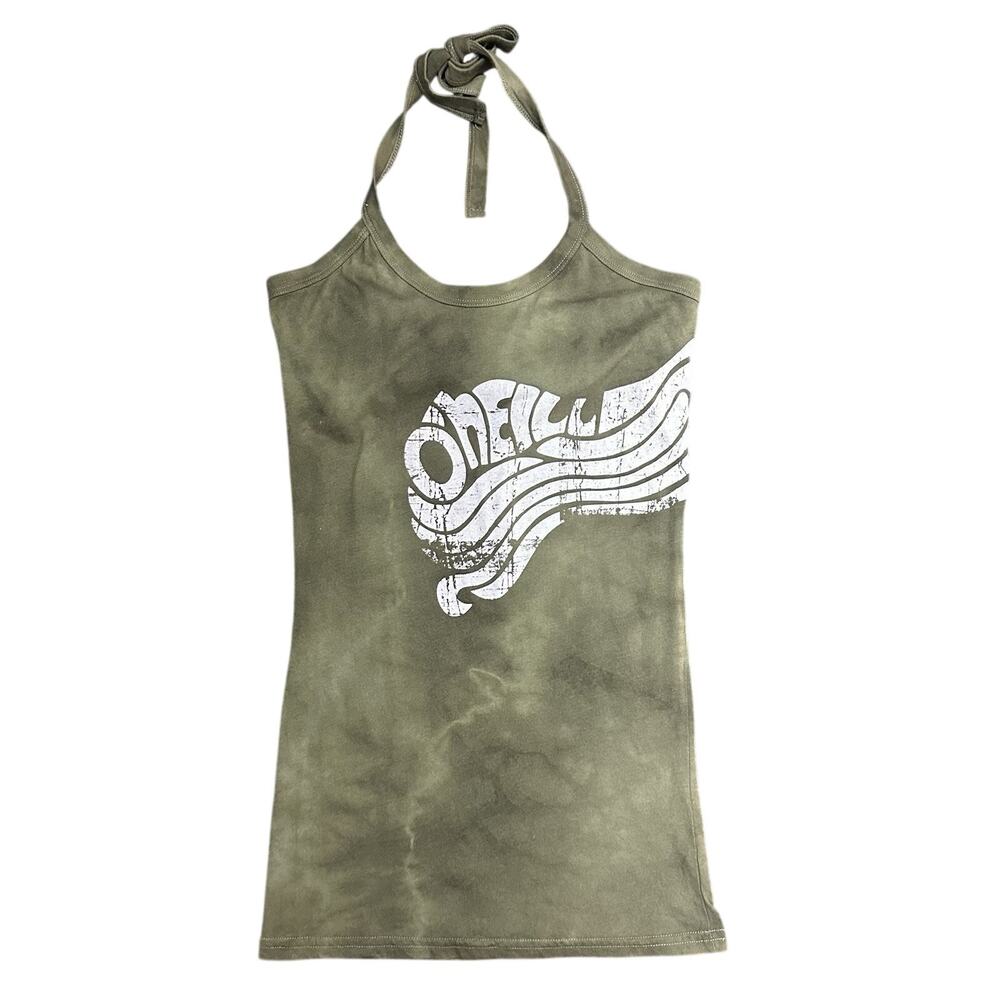Vintage Oneill Y2K Tie Dye Olive Green Logo Halter Top Tunic Size Large L